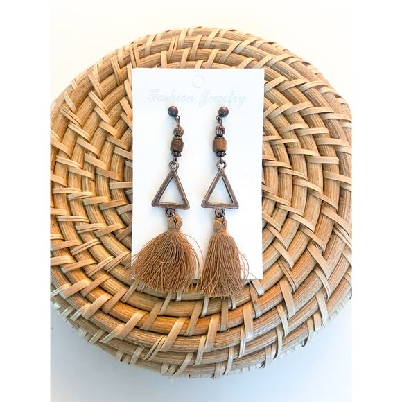 NWT Triangle Tassel Earrings Copper Tan Dangle Geo Boho Bohemian Western Beaded - Picture 2 of 6